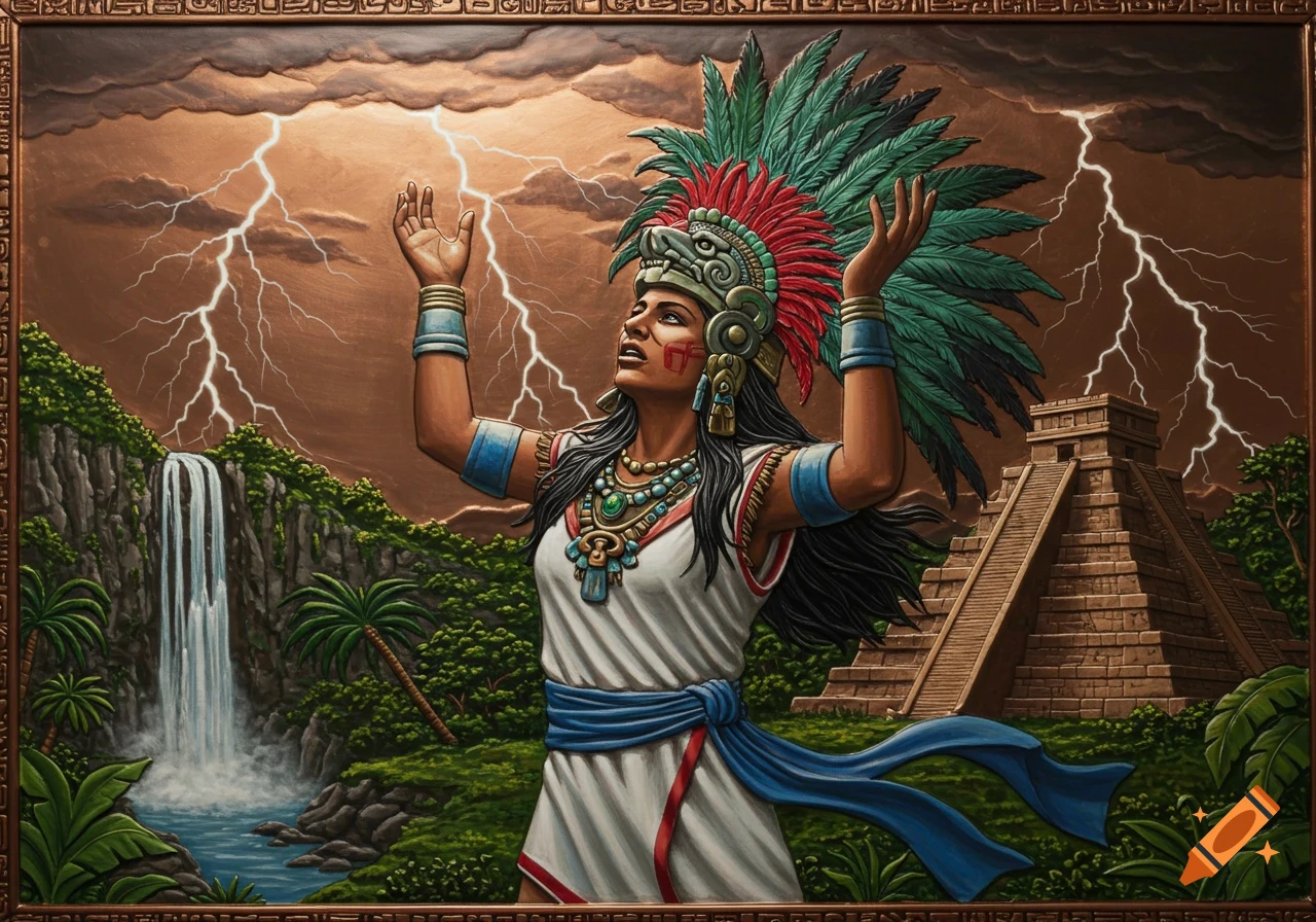 A detailed painting in bas relief style of Ix Chel, a Mayan goddess, raising her hands towards a stormy sky with lightning, a waterfall and pyramid in the background.