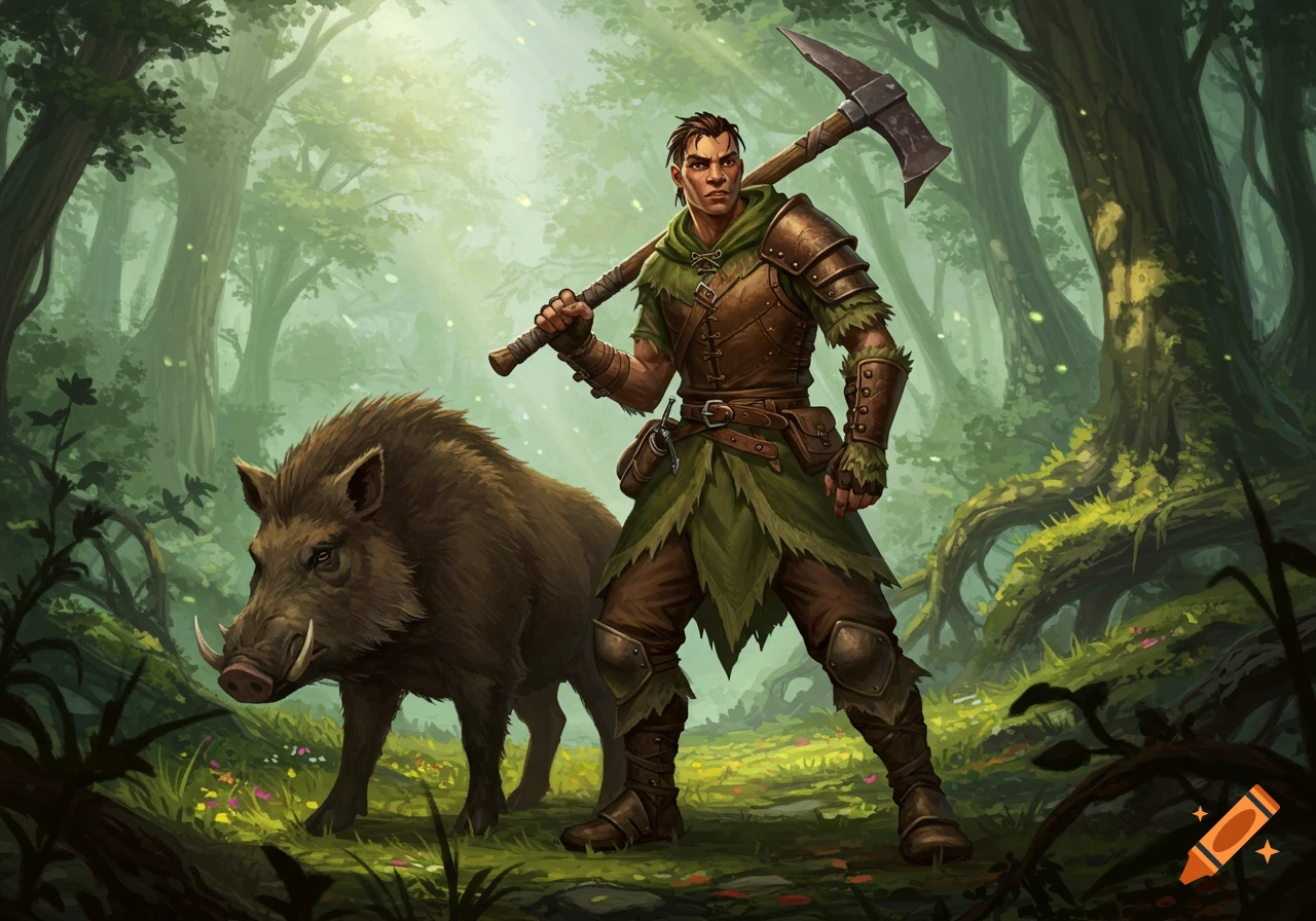 A human ranger with a pickaxe stands in a lush forest next to a large boar, in a fantasy art style.