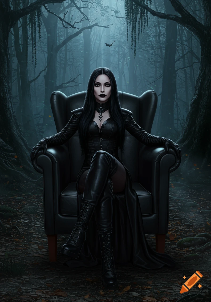A striking woman with long dark hair, dressed in all black, sits regally in a black armchair in a dark, misty forest.