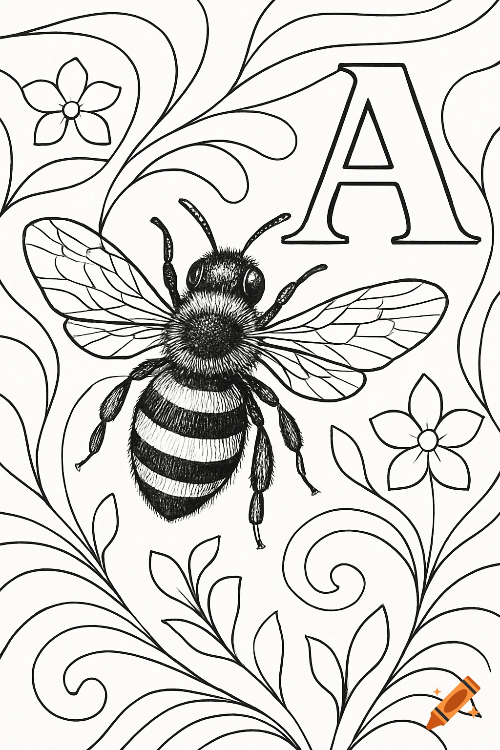 Black and white coloring page of a bumblebee with the letter A and floral designs.
