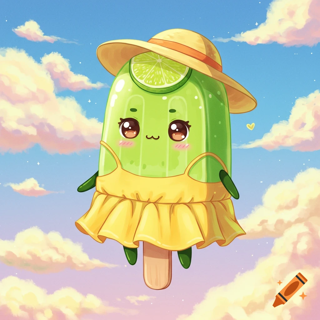 A cute lime green popsicle character with big eyes, blush, wearing a yellow sun hat and a yellow dress, floating in a blue sky with clouds.