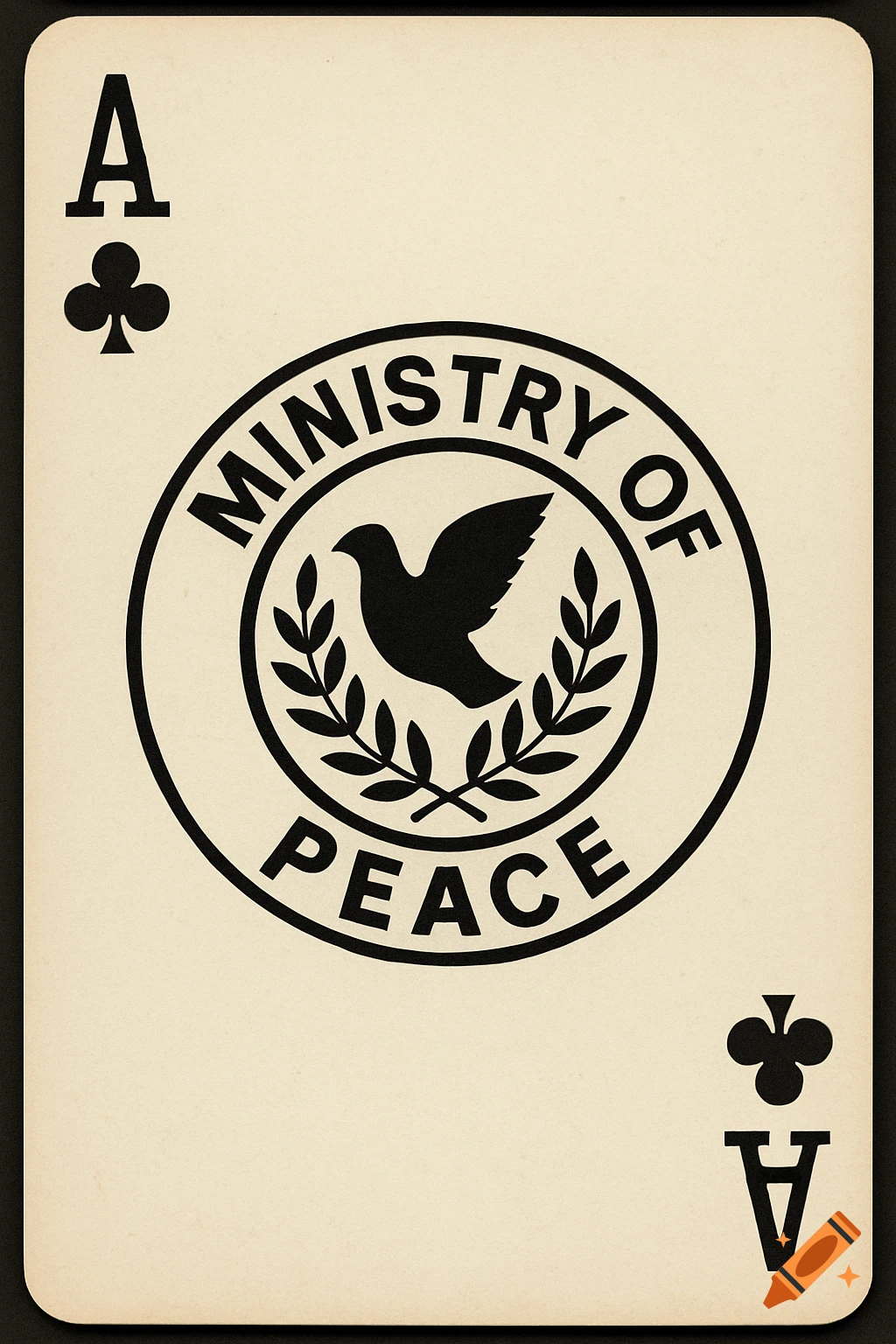 An Ace of Clubs playing card with a 'Ministry of Peace' logo featuring a dove and olive branches.