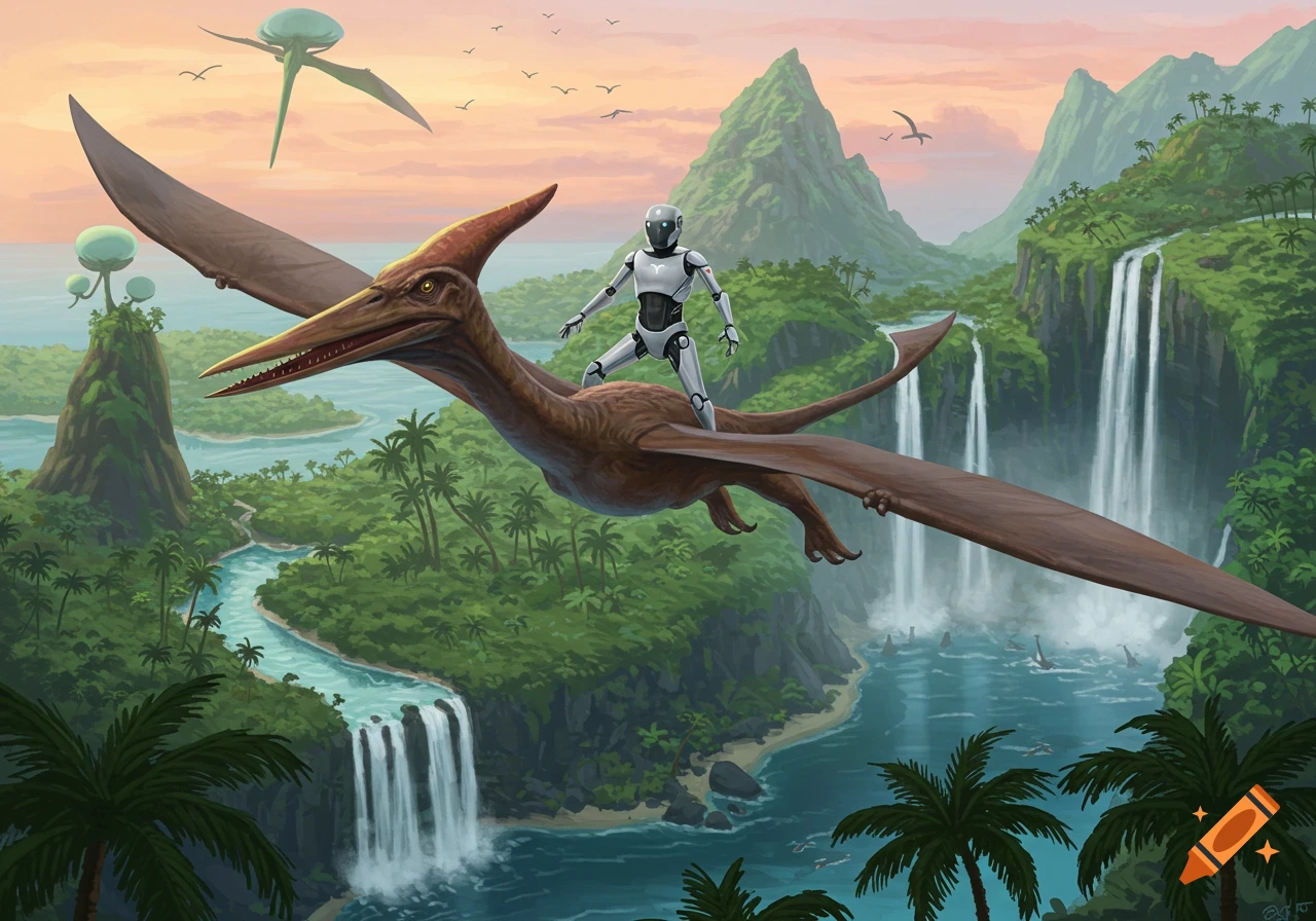 A white robot rides a large pterodactyl over a lush, tropical island with waterfalls and mountains under an orange sky.