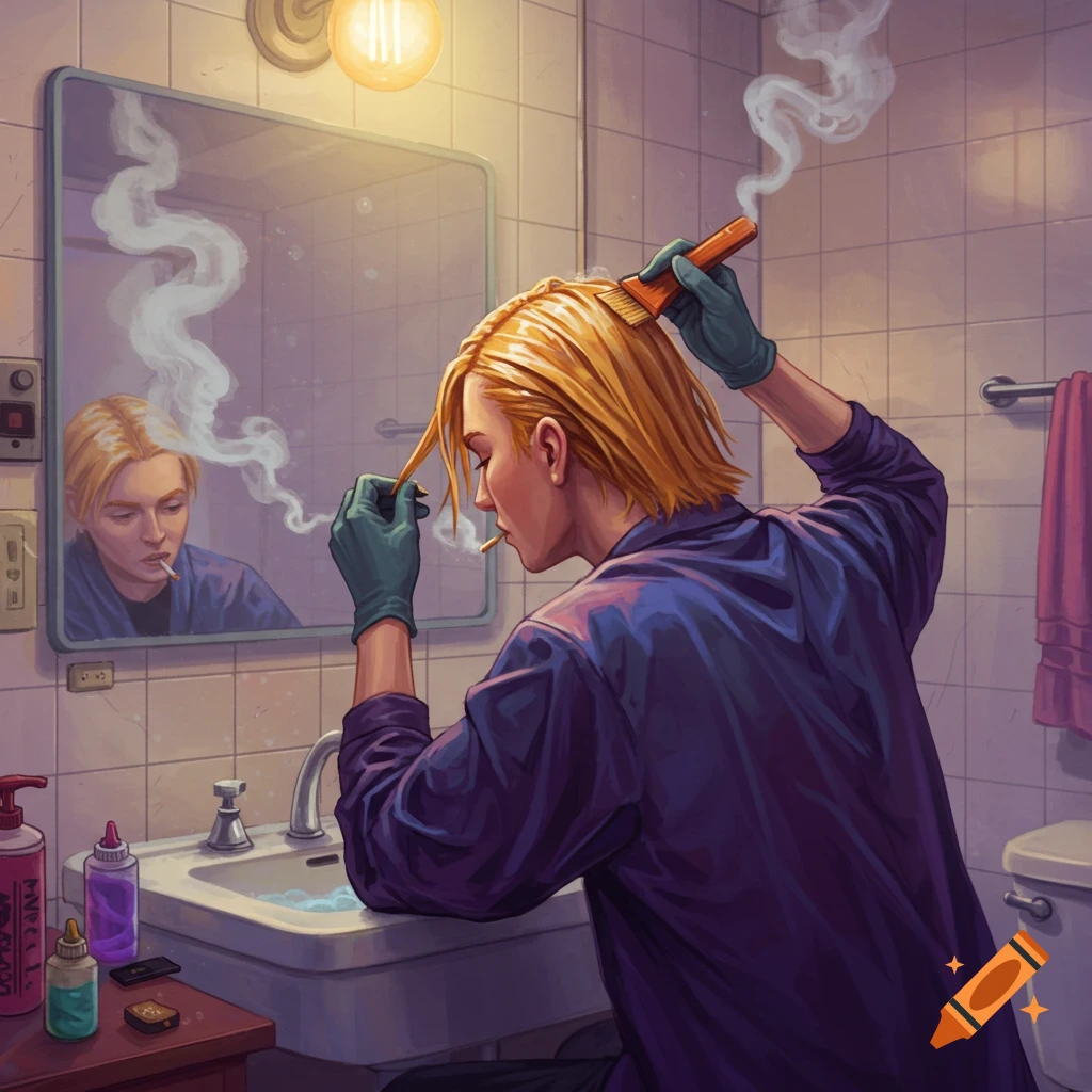 A person with blonde hair wearing gloves combs their hair and smokes a cigarette in a bathroom, reflected in a mirror.