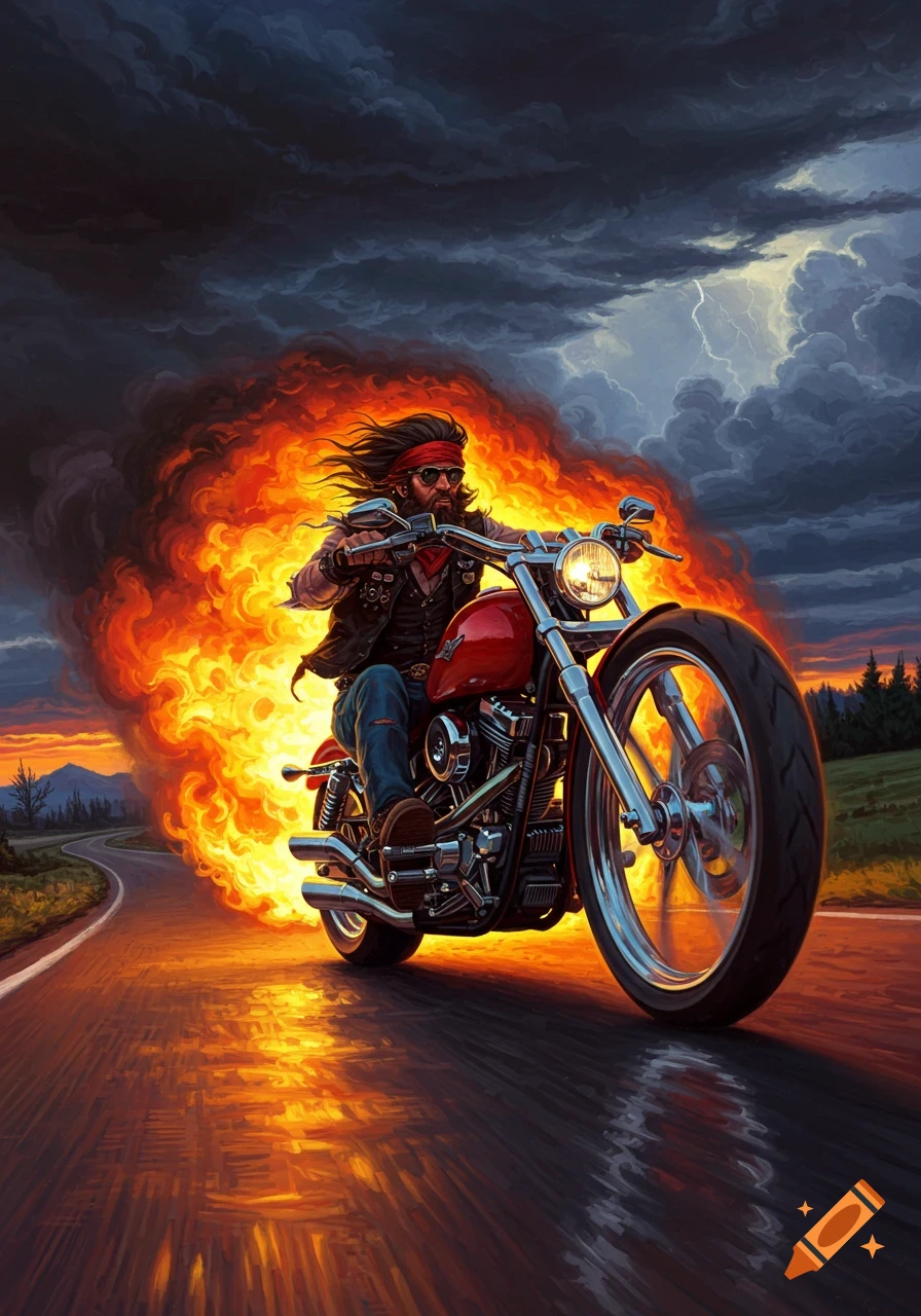 A dramatic illustration of a wild-looking biker on a red motorcycle riding down a road with flames behind him under a stormy sky.