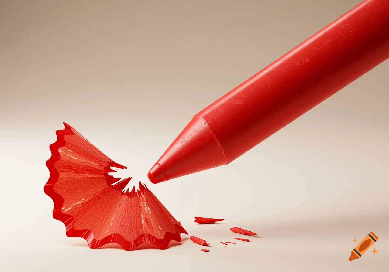 A red crayon with red shavings from sharpening on a beige surface, photorealistic.