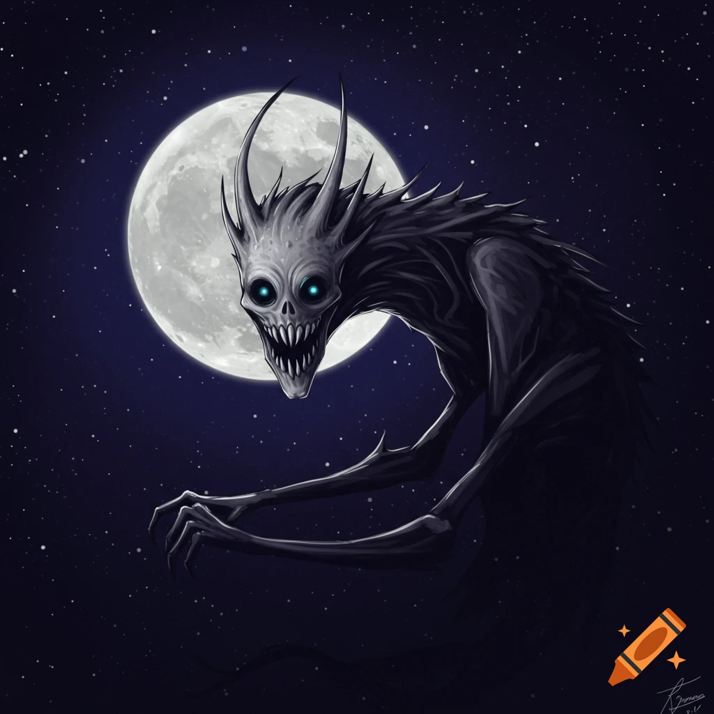 A creepy, skeletal monster with glowing blue eyes and sharp teeth stands in front of a bright full moon and starry night sky.