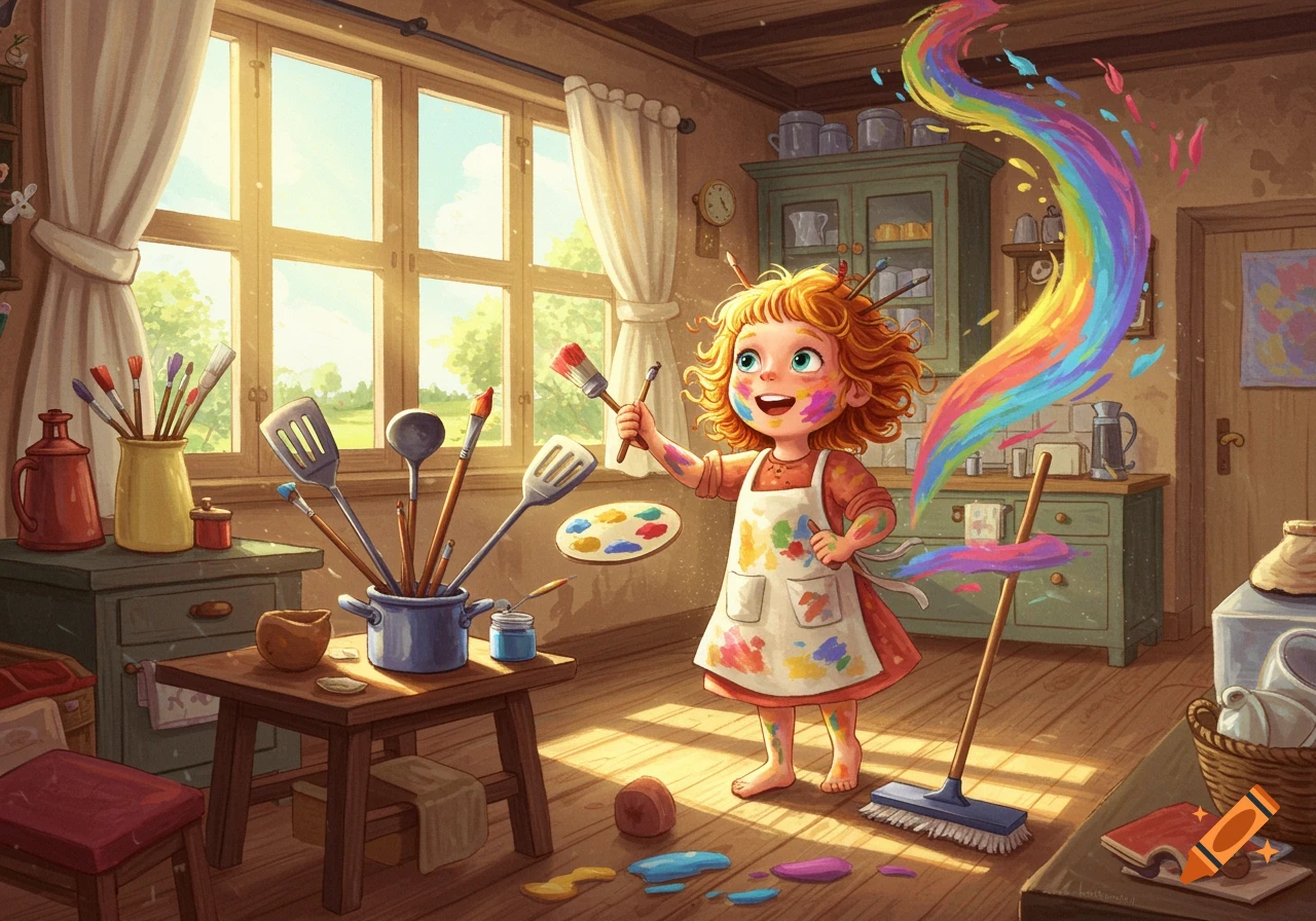 A happy child with red curly hair, splattered with paint, stands in a sunlit kitchen holding a paintbrush, as a rainbow stream of paint flows from it.