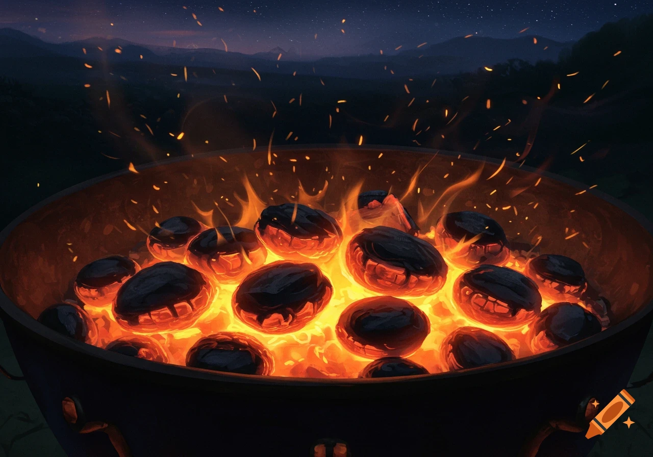A vibrant illustration of a bed of glowing orange coals and flames in a dark grill against a starry night sky with mountains.