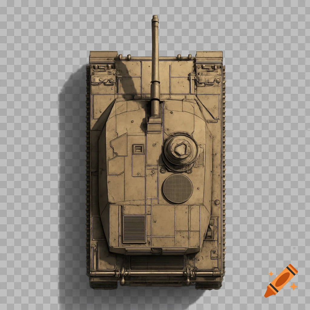 An orthographic top-down view of a highly detailed Challenger 2 tank with a transparent background.