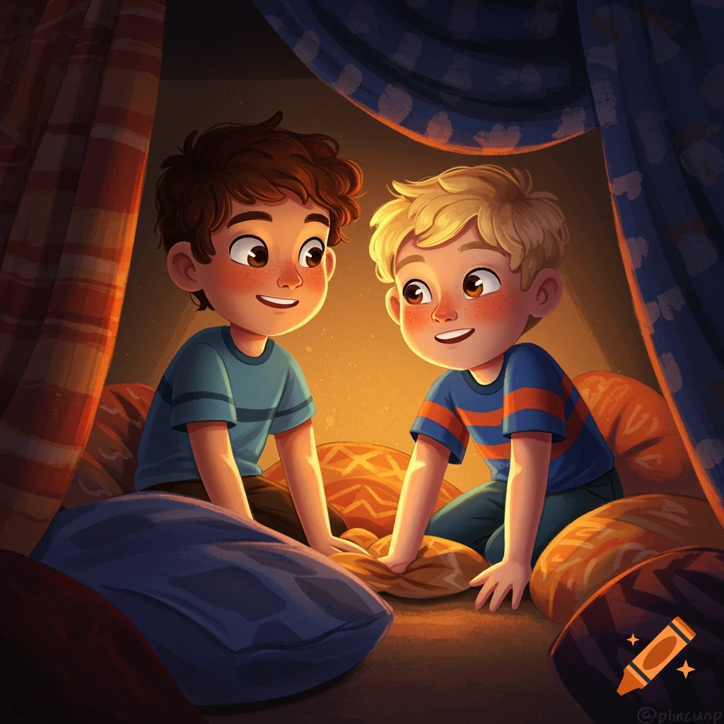 Two illustrated boys sit inside a cozy blanket fort surrounded by pillows, looking at each other and smiling.