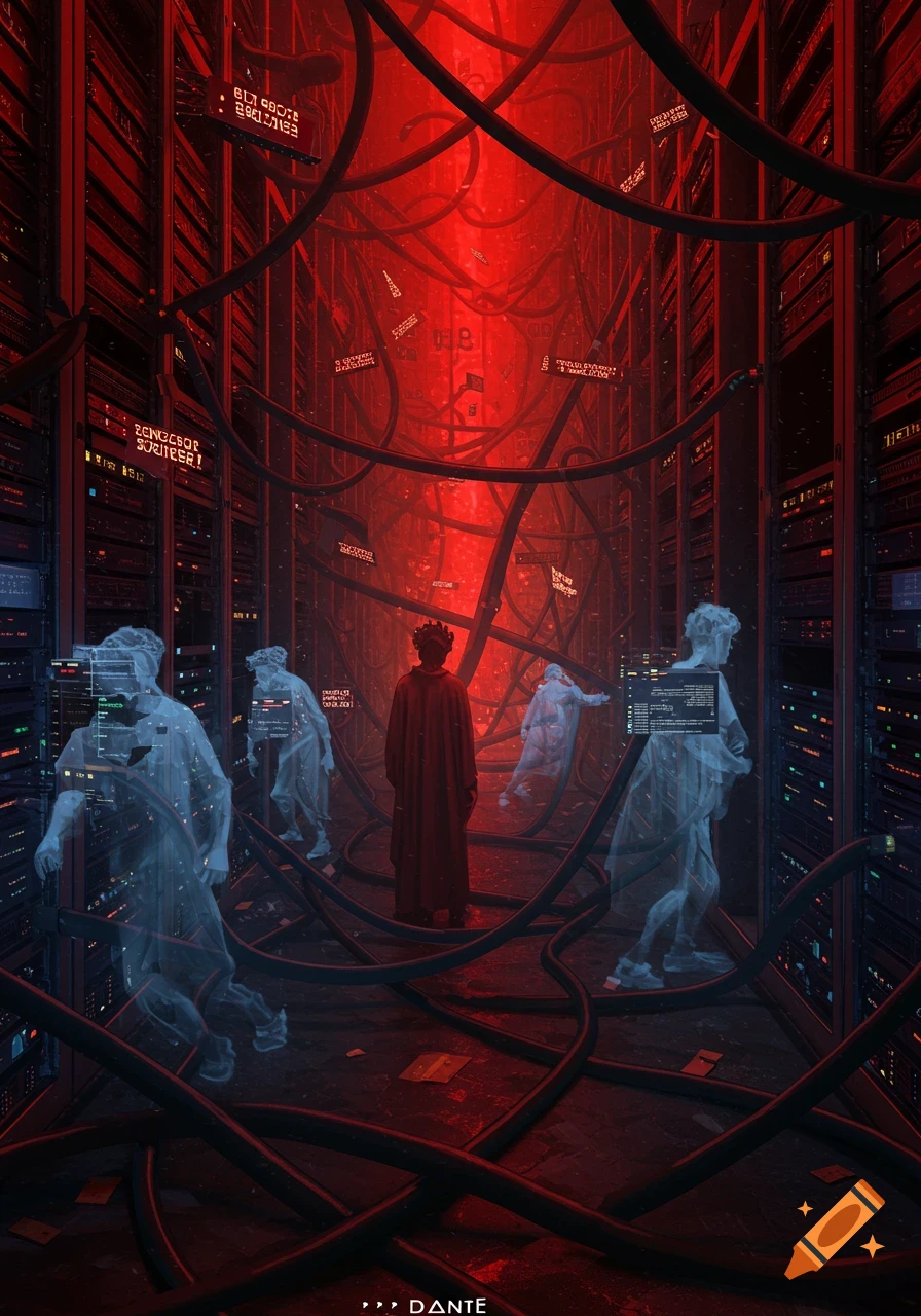 A stylized, dark scene in a server room with a central figure in a red robe surrounded by translucent, ghost-like figures and glowing red data.