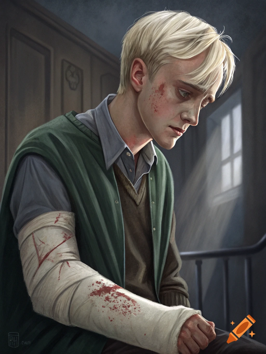 Digital painting of a sad blonde young man with blood on his face, wearing a green cloak, with his bandaged, bloody arm in the foreground.