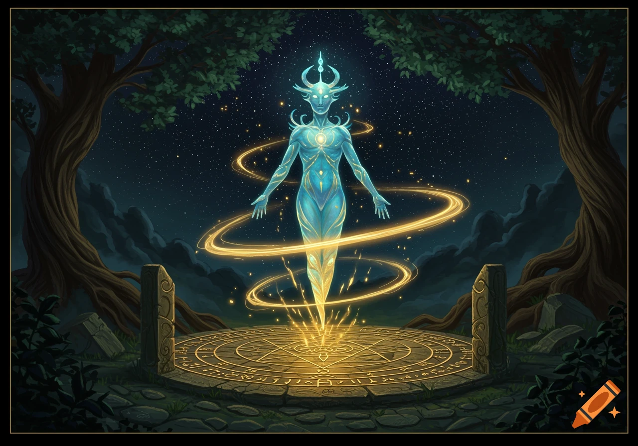 A glowing blue humanoid figure stands over a golden magic circle at night, surrounded by ancient trees under a starry sky, in a fantasy art style.