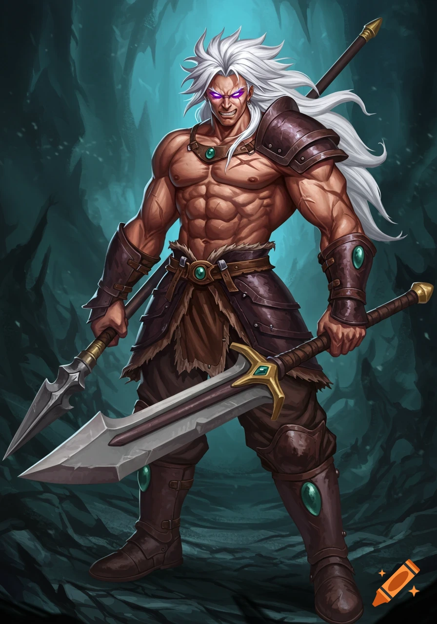 A muscular fantasy warrior with white spiky hair, glowing purple eyes, and brown armor stands with a spear and a greatsword.