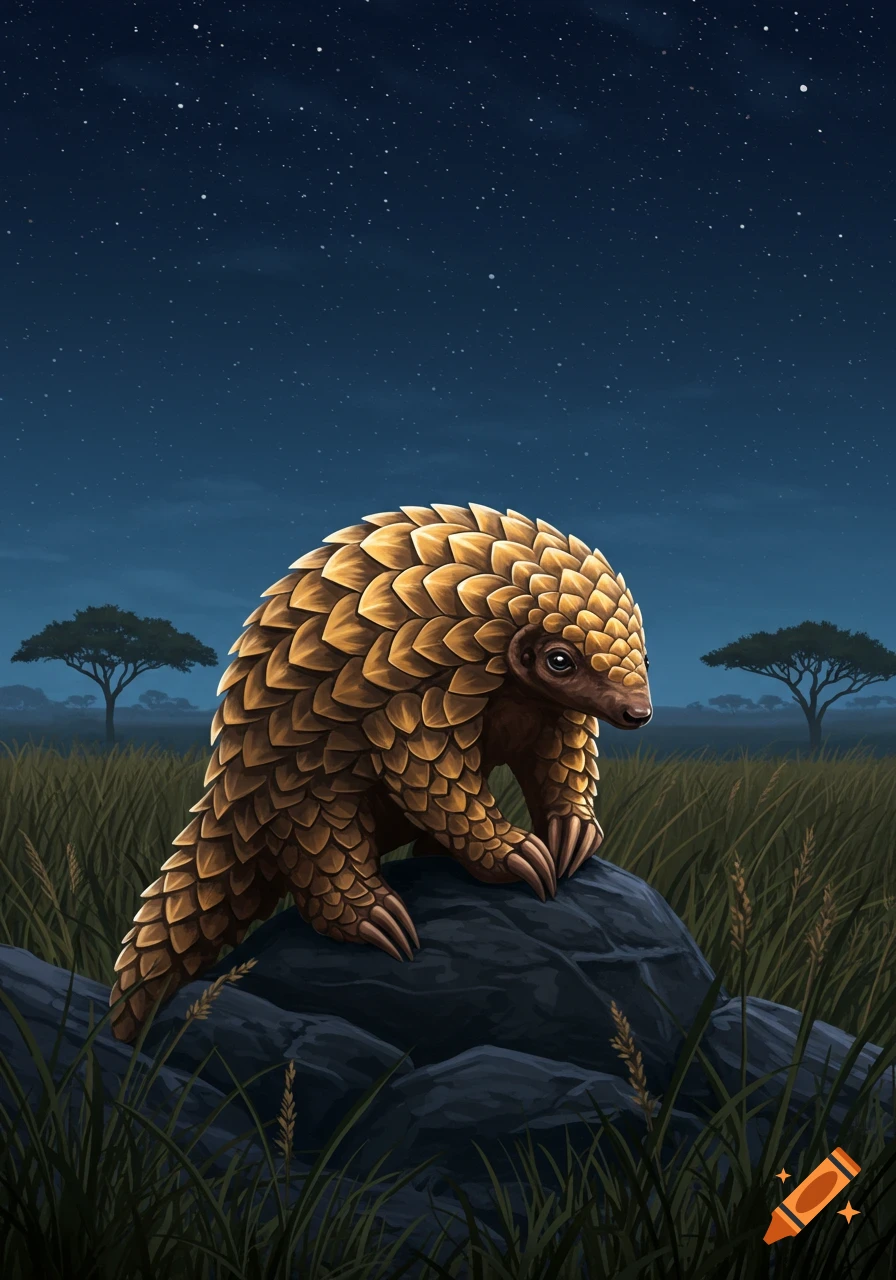 A pangolin with golden scales stands on rocks in a grassy savanna under a clear, star-filled night sky.