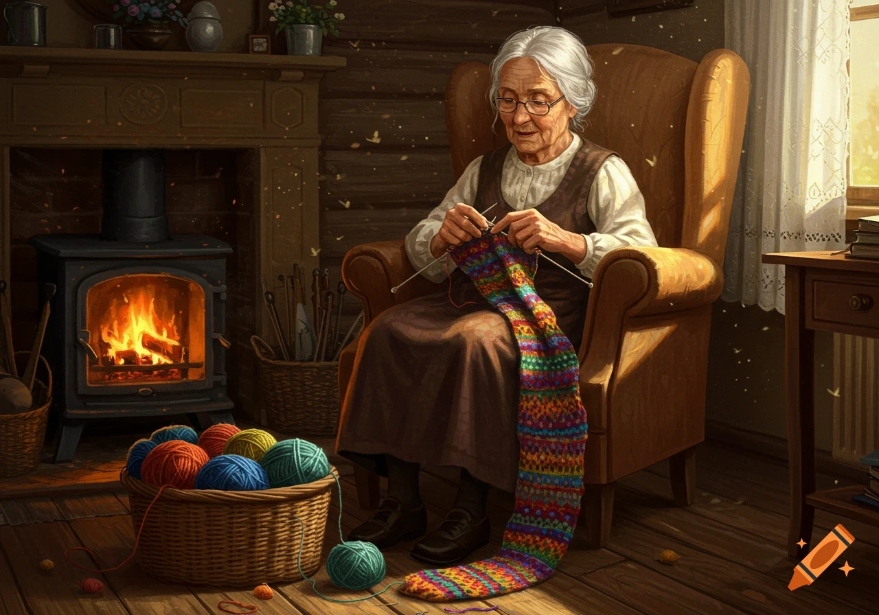 An old woman with white hair and glasses sits in an armchair by a fireplace, knitting a long, colorful scarf. A basket of yarn is on the floor beside her.