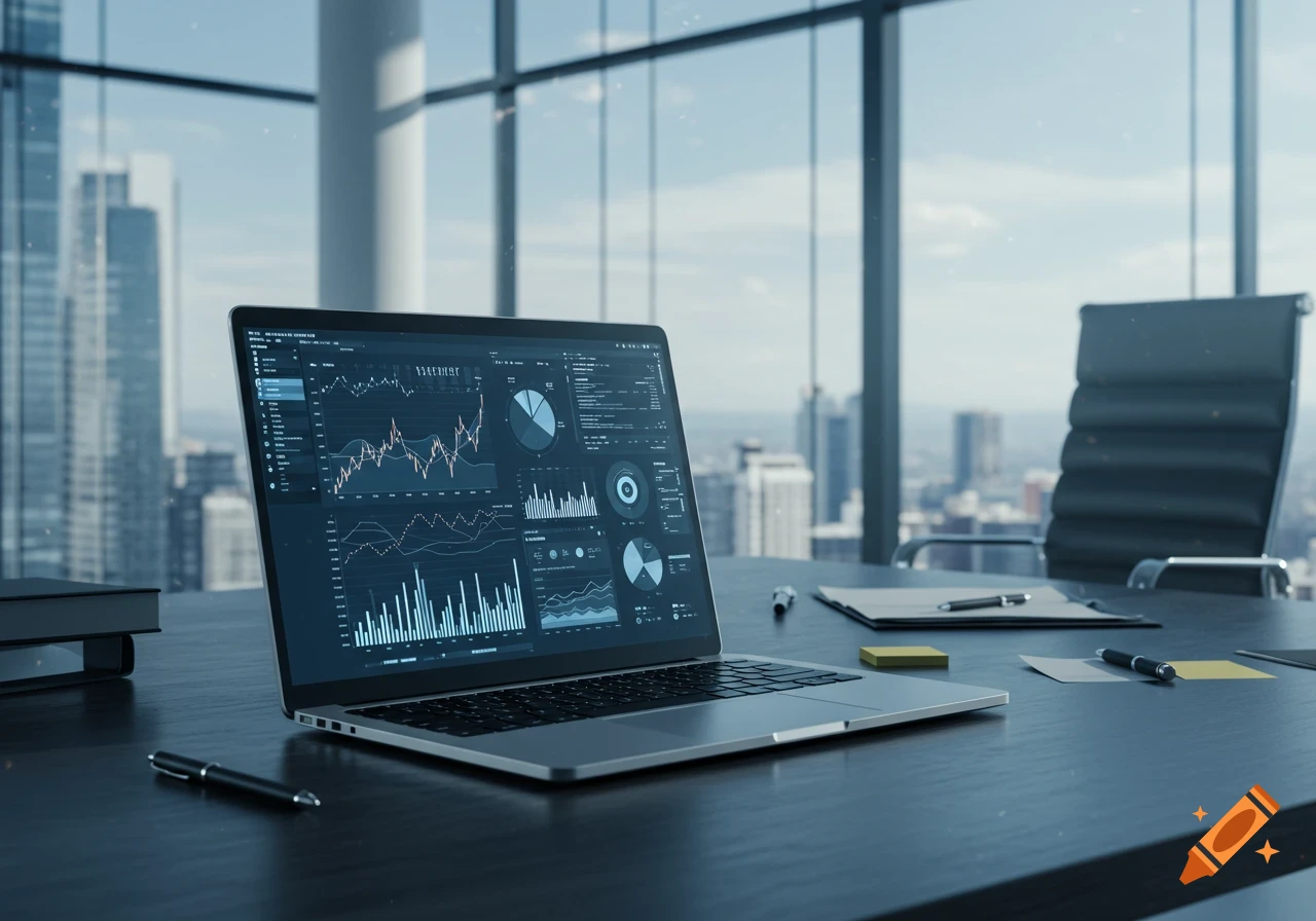 A close-up, photorealistic view of a laptop displaying financial charts and graphs on an office desk overlooking a city skyline.