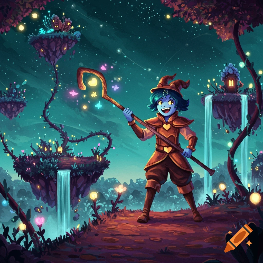 A blue-skinned character in a wizard hat holds a staff, standing on a path in a magical forest with floating islands and waterfalls under a starry sky.