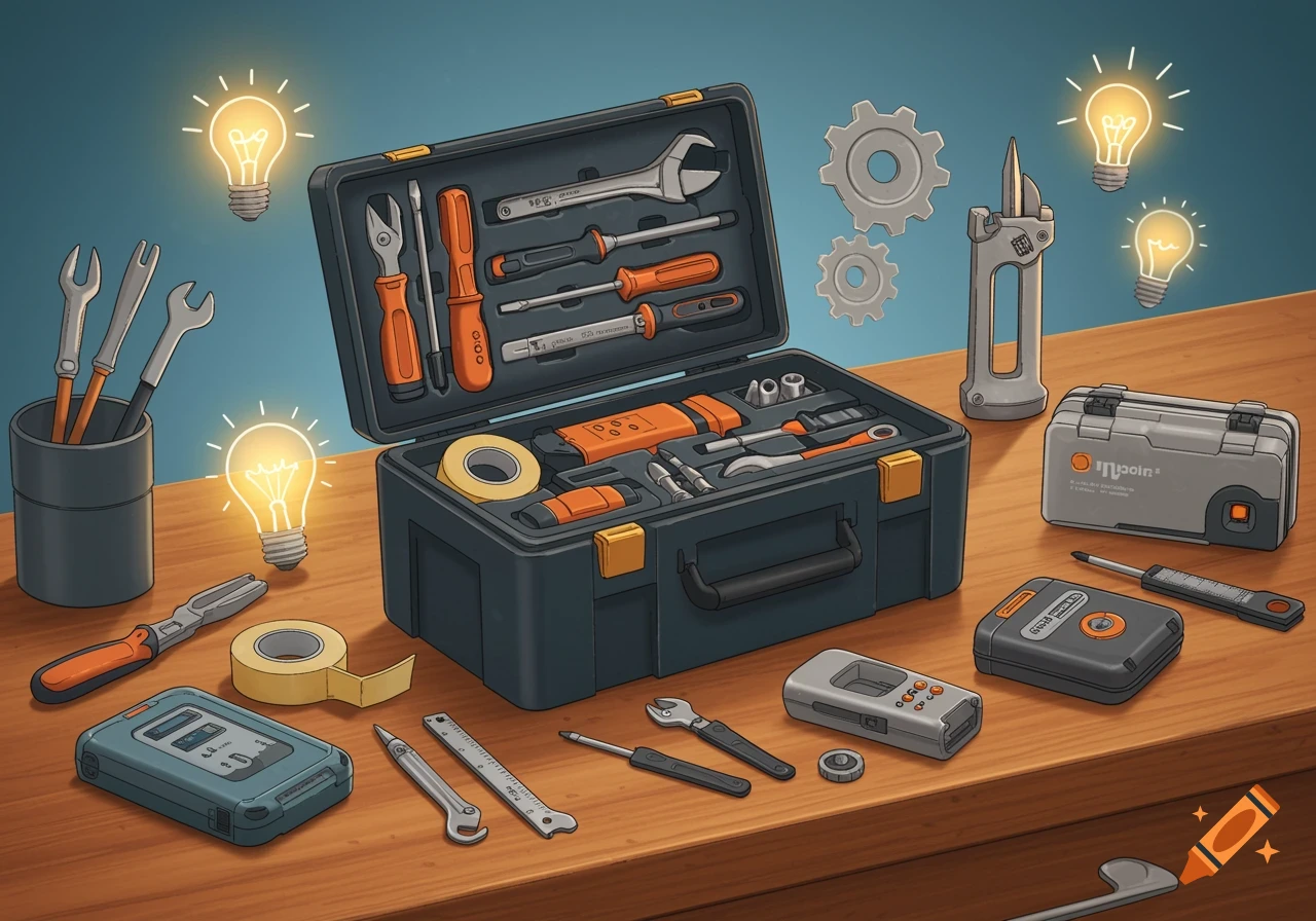An illustration of an open toolbox filled with tools, surrounded by wrenches, lightbulbs, tape, and other devices on a wooden table.