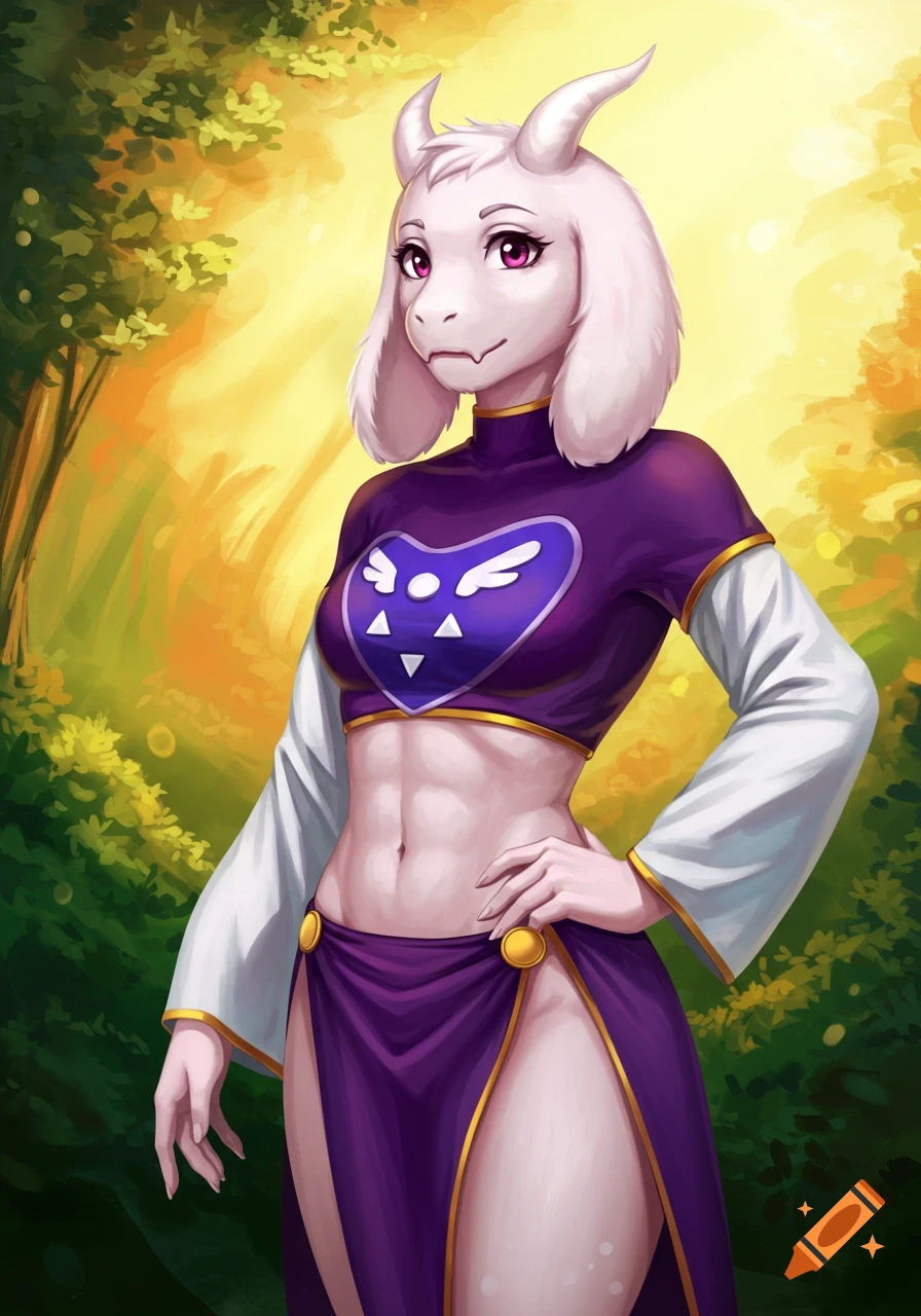 Anime illustration of Toriel Dreemurr, a white goat-like monster girl with horns and pink eyes, in a purple crop top and skirt, in a sunlit forest.