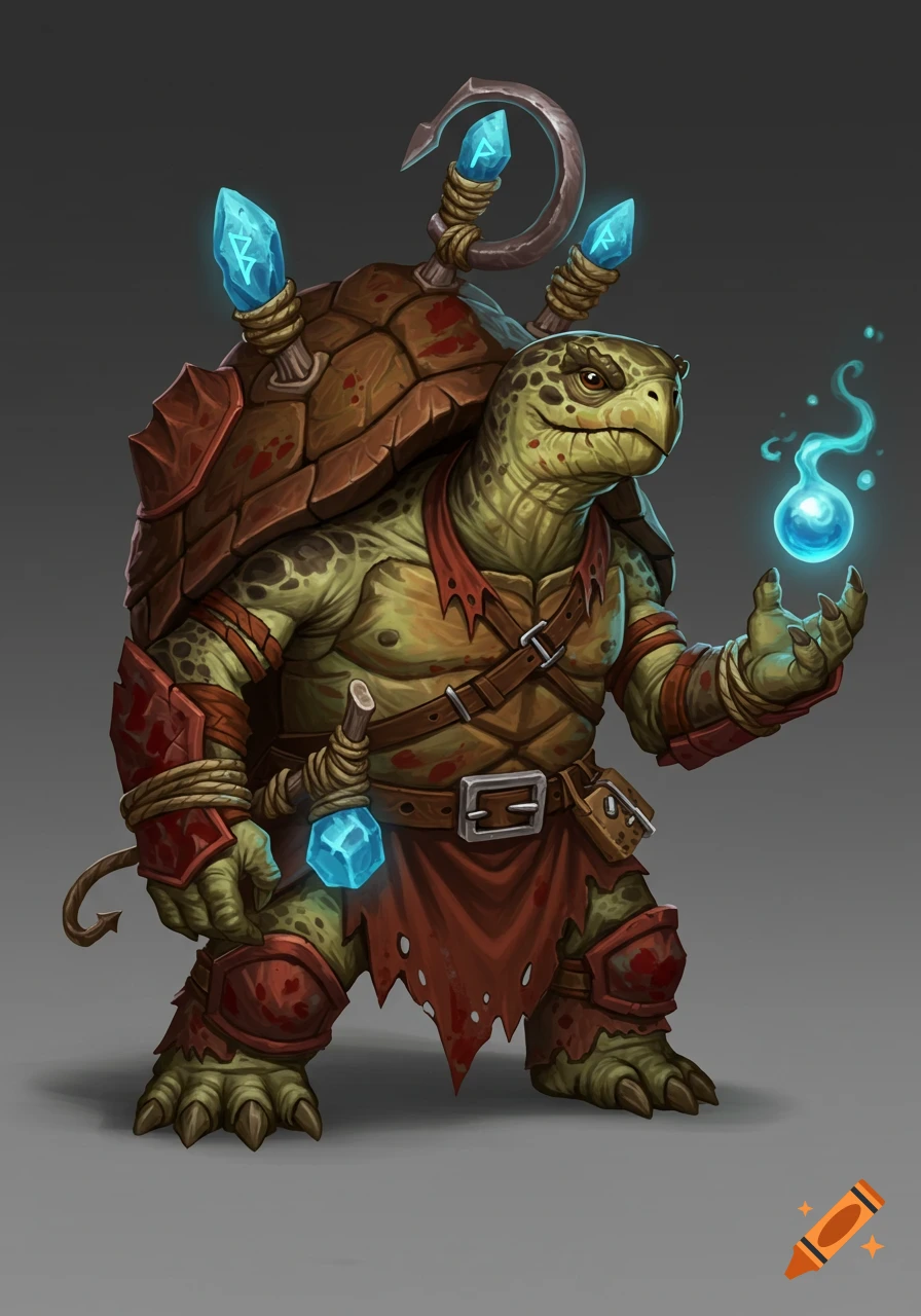 A standing turtle druid in brown armor with red stains, holding a glowing blue orb and having blue rune stones on his shell and arm.