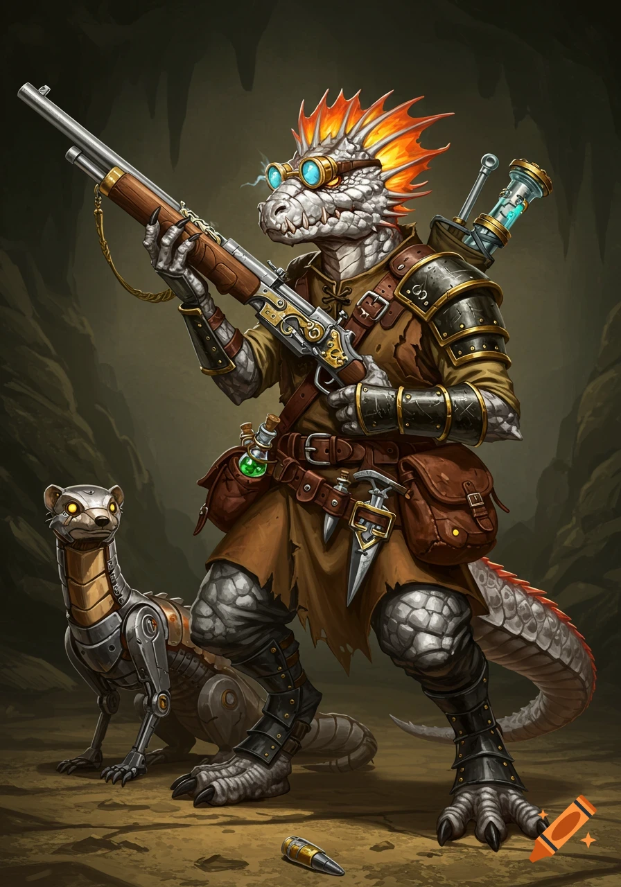 A heavily armored, reptilian kobold with a fiery mohawk and goggles holds a large rifle, standing next to a metallic weasel in a cave.