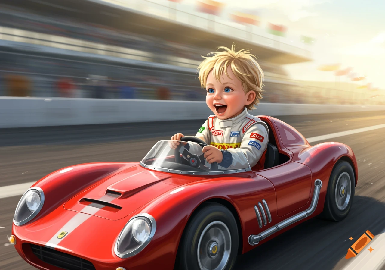 A happy blonde boy drives a red racing car on a track, depicted in a bright, stylized manner.