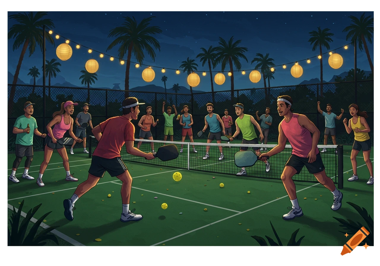 People playing pickleball at night under string lights and palm trees, with spectators watching.