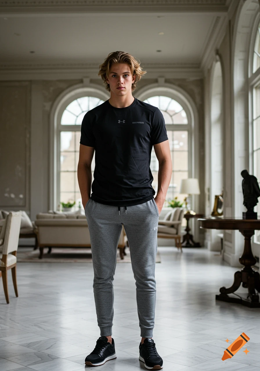 A young man with blonde hair wearing a black t-shirt and grey sweatpants stands in an elegant, sunlit room.