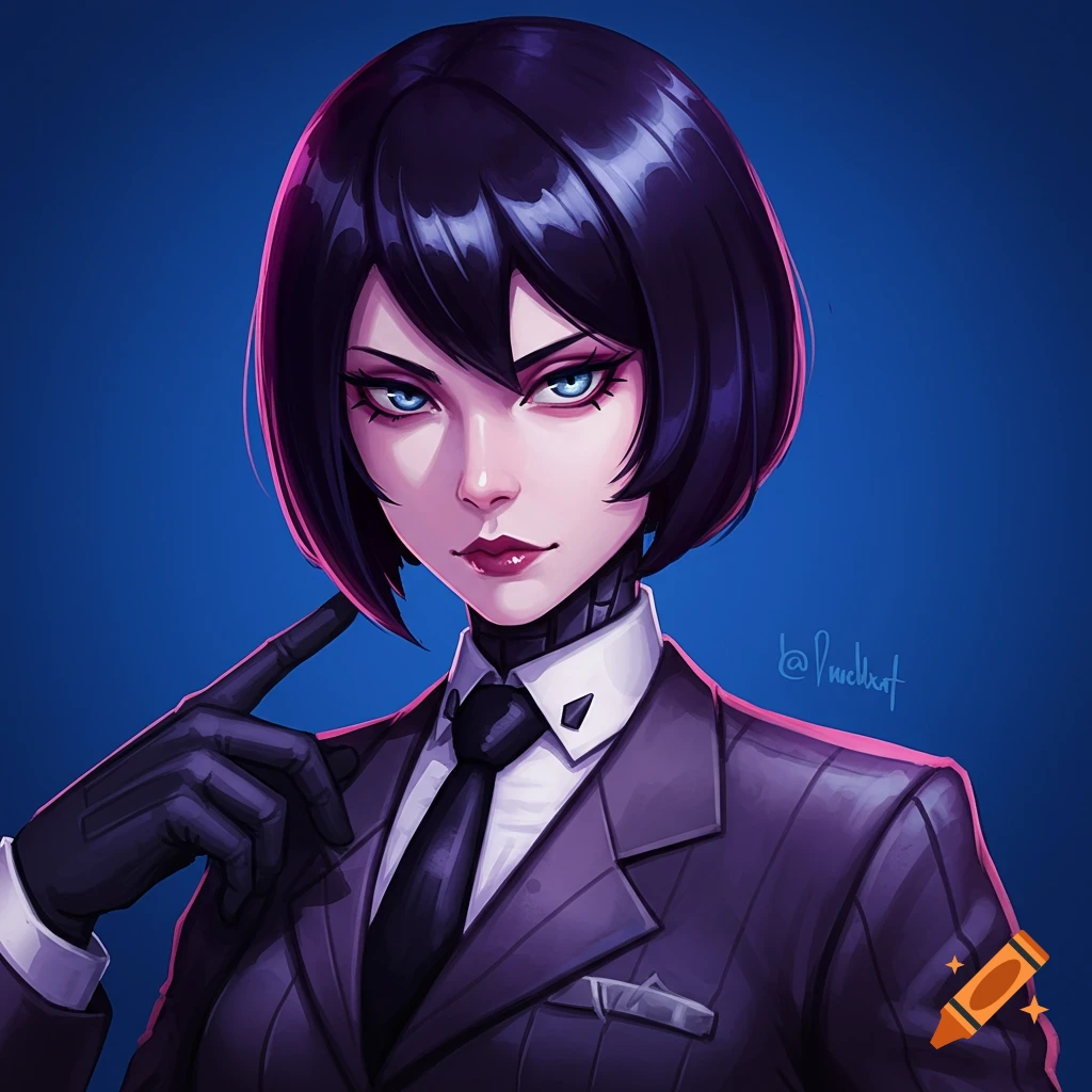 A stylized portrait of a short-haired woman in a dark suit with a cyborg neck, looking intently at the viewer.