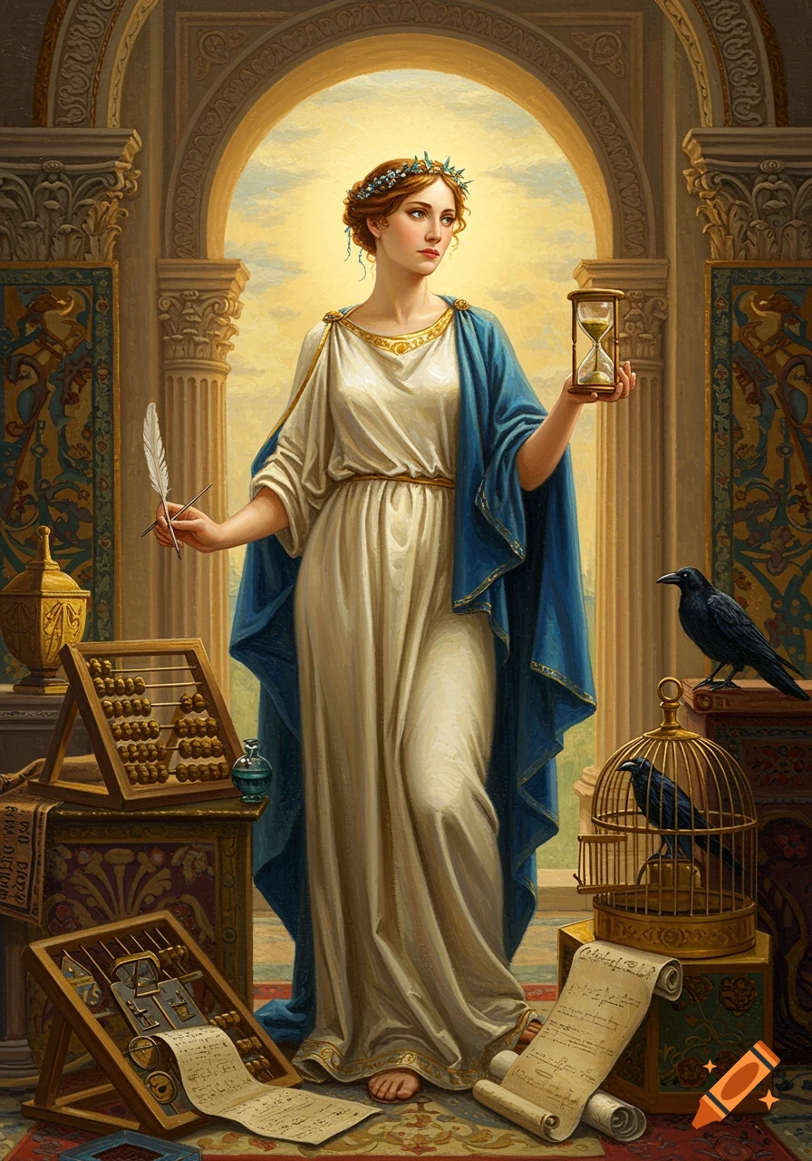Oil painting of a goddess in classical robes holding a quill and hourglass, surrounded by an abacus, scrolls, and caged crows in a grand architectural setting.