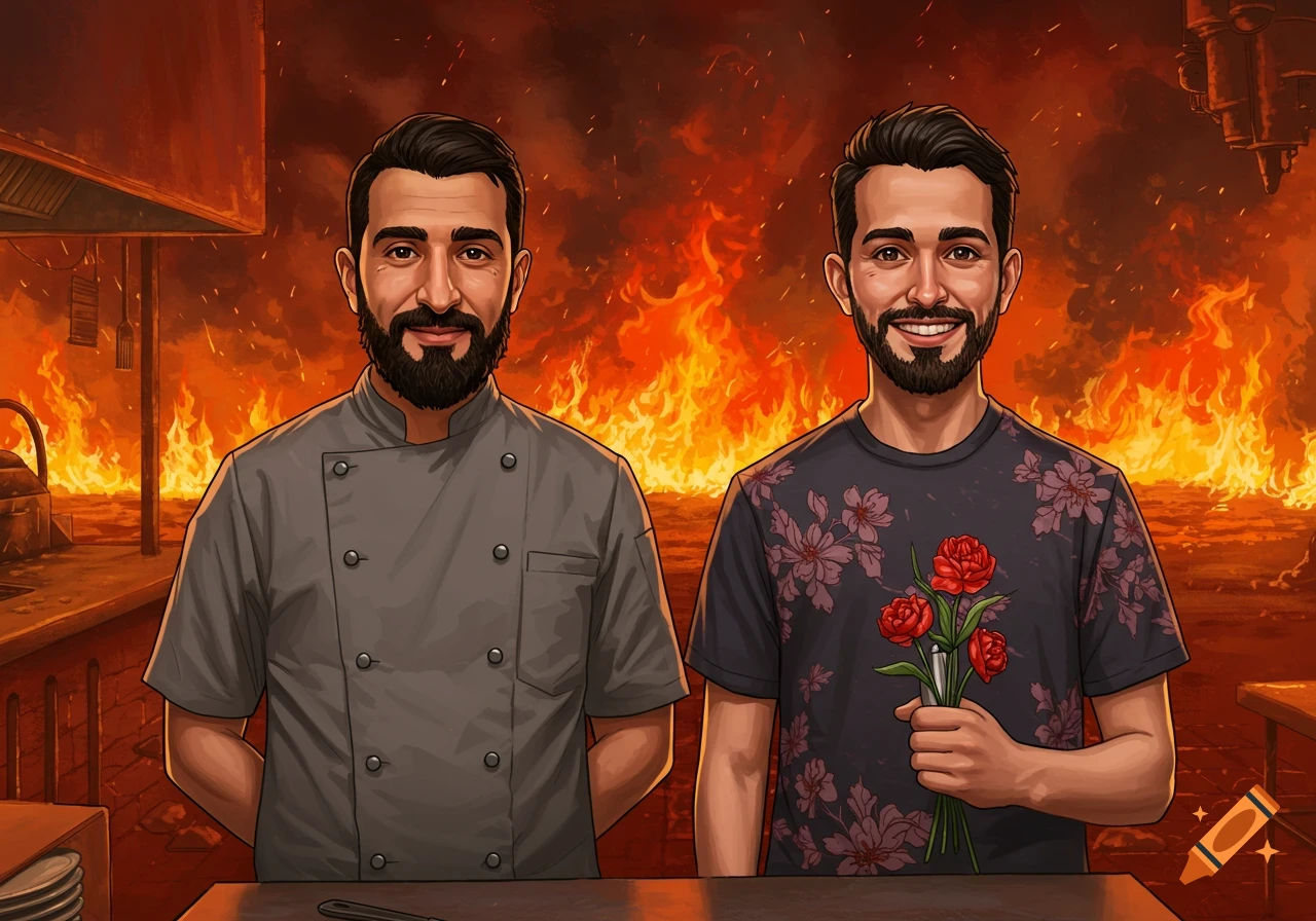 Two smiling men, one a chef and one in a floral shirt holding flowers, stand in a stylized fiery hellscape.