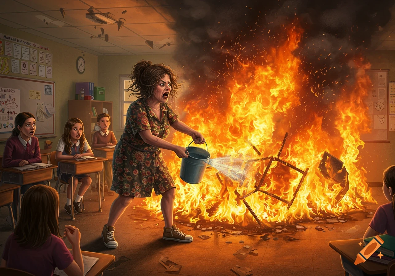A terrified teacher attempts to put out a massive fire engulfing a desk in a classroom while students look on in horror, in an illustrative style.