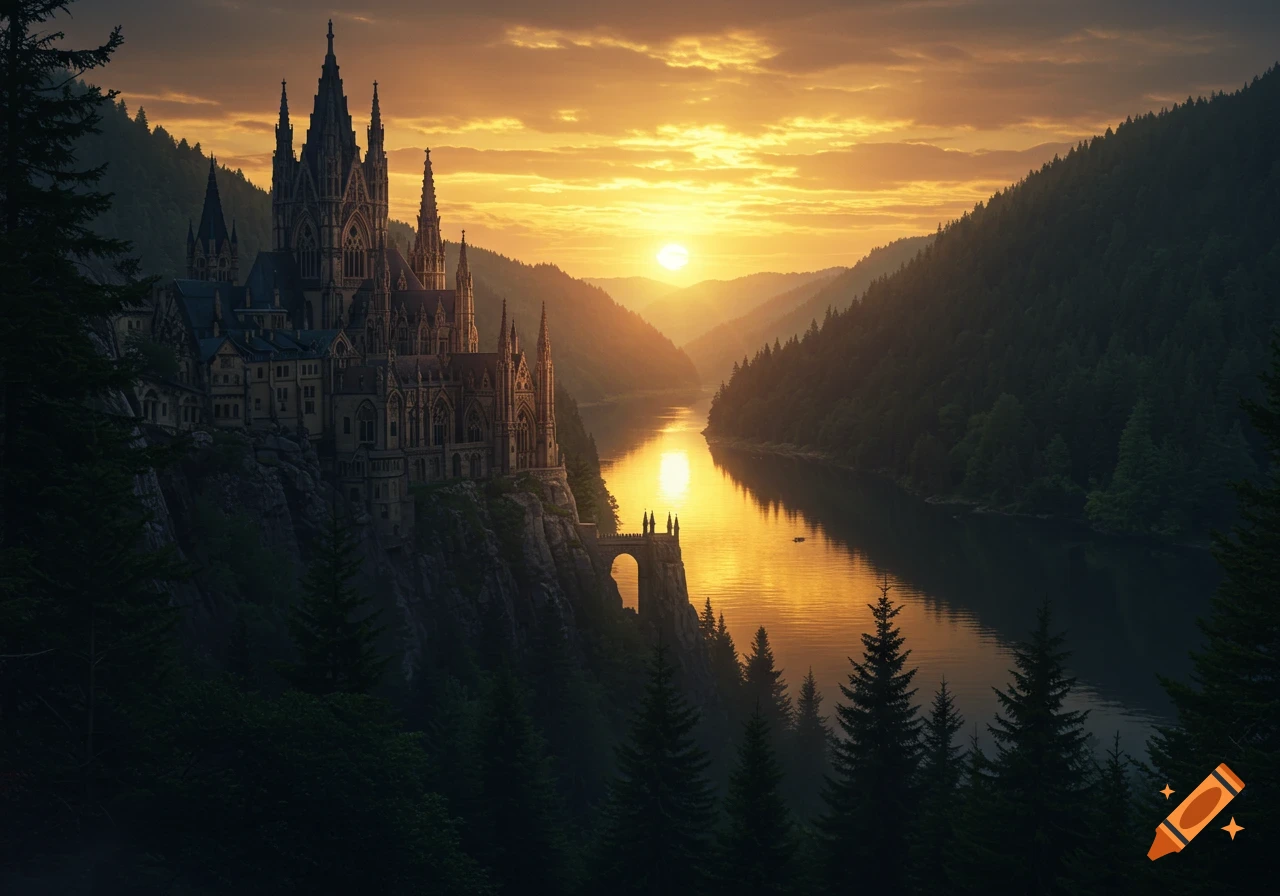 A grand gothic castle on a cliff overlooks a wide river reflecting a golden sunset in a forested valley.