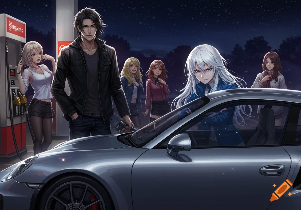 Anime style illustration of a man filling a silver Porsche GT2 RS at a gas station at night, surrounded by flirty women, while a woman in the passenger seat glares.