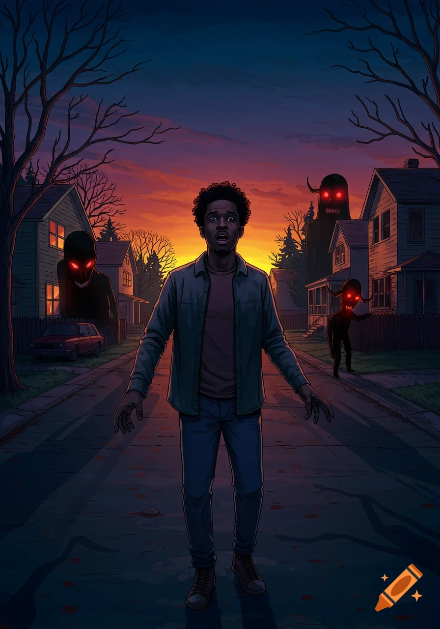 Illustration of a terrified Black man on a suburban street at sunset, surrounded by shadowy demonic figures with glowing red eyes.