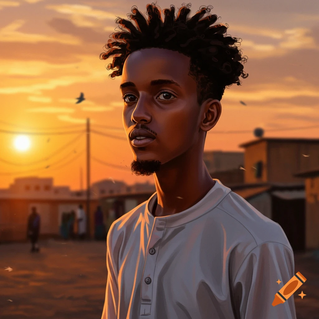 A handsome young man with curly hair stands outdoors at sunset, with a warm orange sky and buildings in the background, in a digital art style.