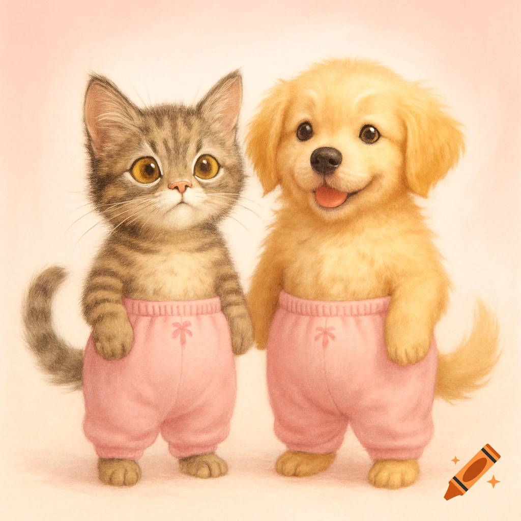 A cute tabby kitten and a golden retriever puppy stand side-by-side, both wearing pink sweatpants with small pink star-like symbols. The background is soft pink.