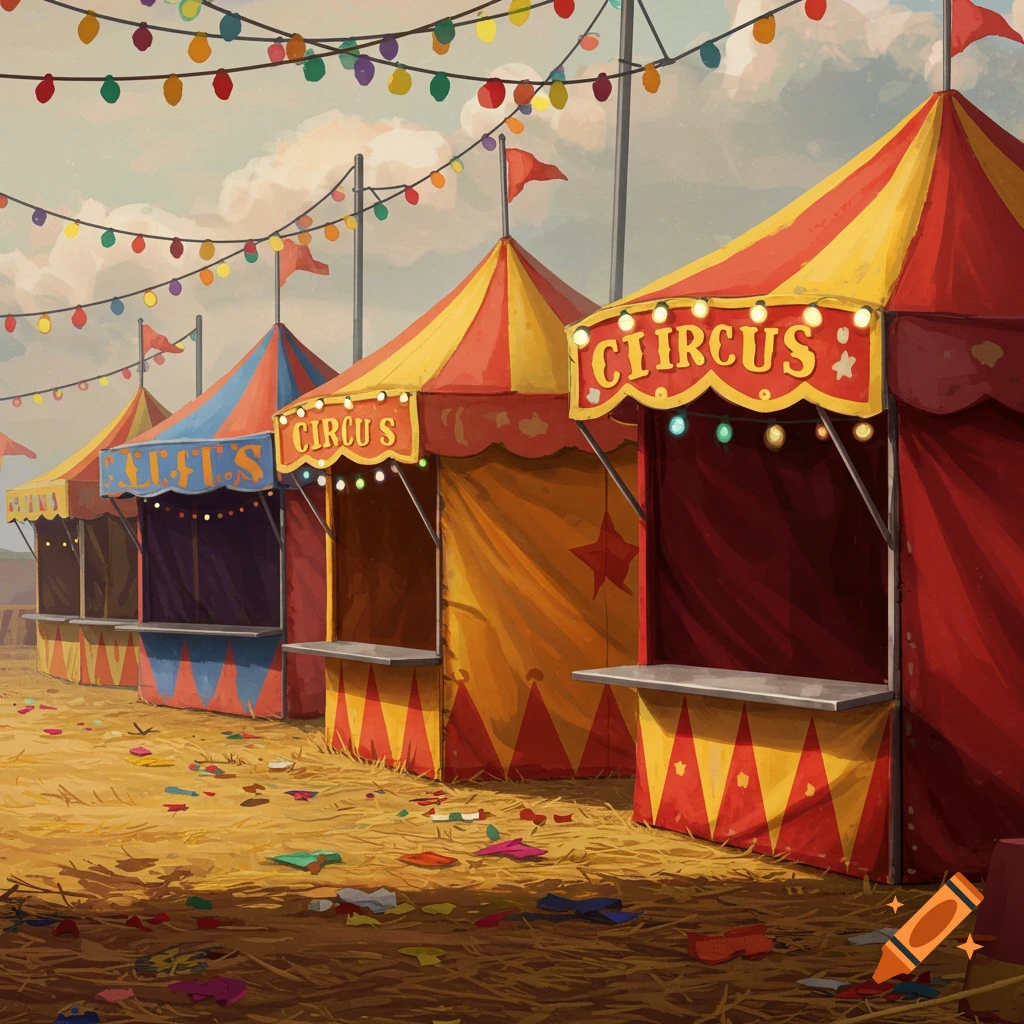 A row of colorful circus tents and kiosks under strings of lights, with scattered debris on the straw-covered ground.