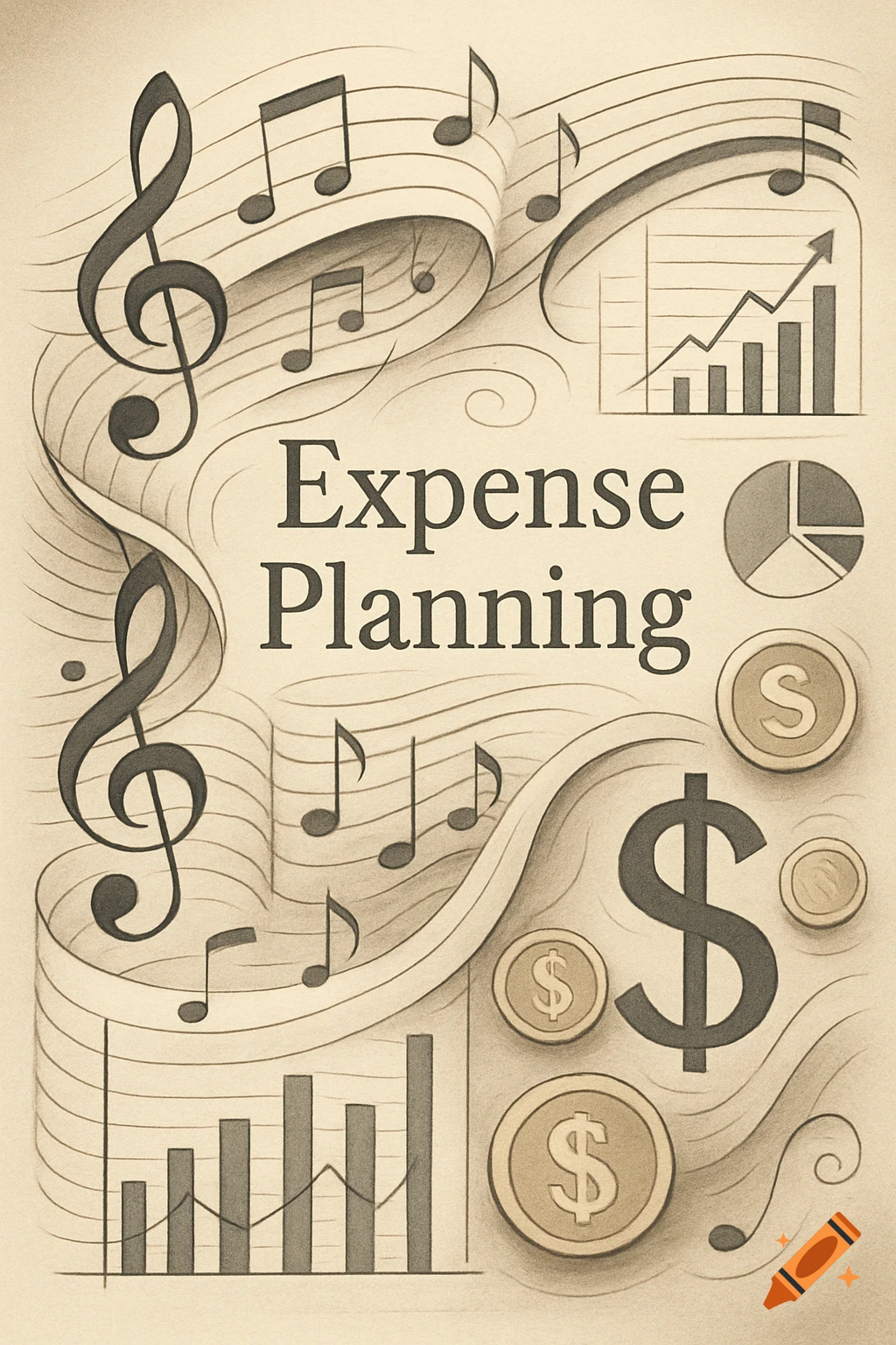 Pencil sketch of musical notes, financial charts, and dollar signs surrounding the text 'Expense Planning'.
