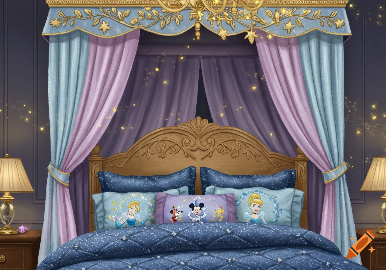 A luxurious four-poster bed adorned with blue and lavender drapes, golden accents, and sparkling light. Pillows feature Disney characters like Cinderella, Mickey, and Minnie.