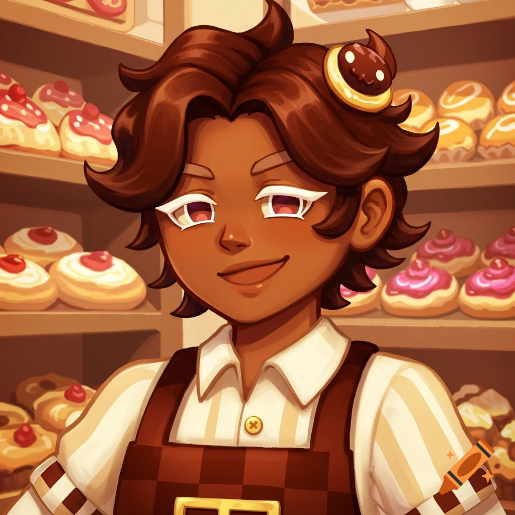 A cartoon-style character with brown hair and dark skin, wearing a striped shirt and checkered apron, smiles in a bakery surrounded by pastries.