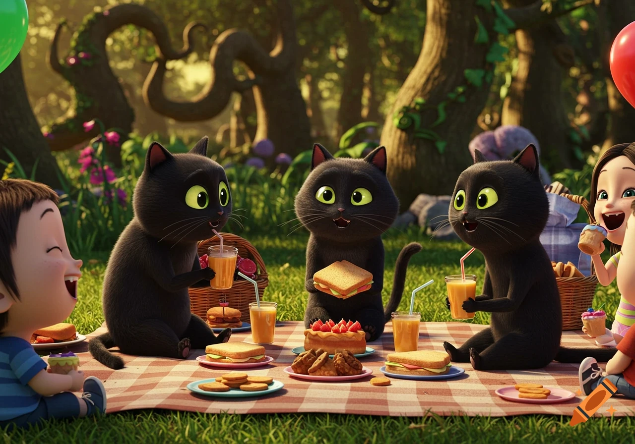 Three cute black cats and two children enjoy a picnic with sandwiches and drinks in a green animated forest.
