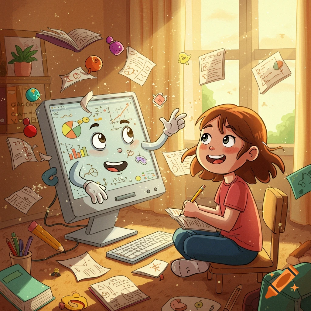 A smiling cartoon computer with arms helps a girl with her homework. Papers and school supplies float around them in a sunny room.