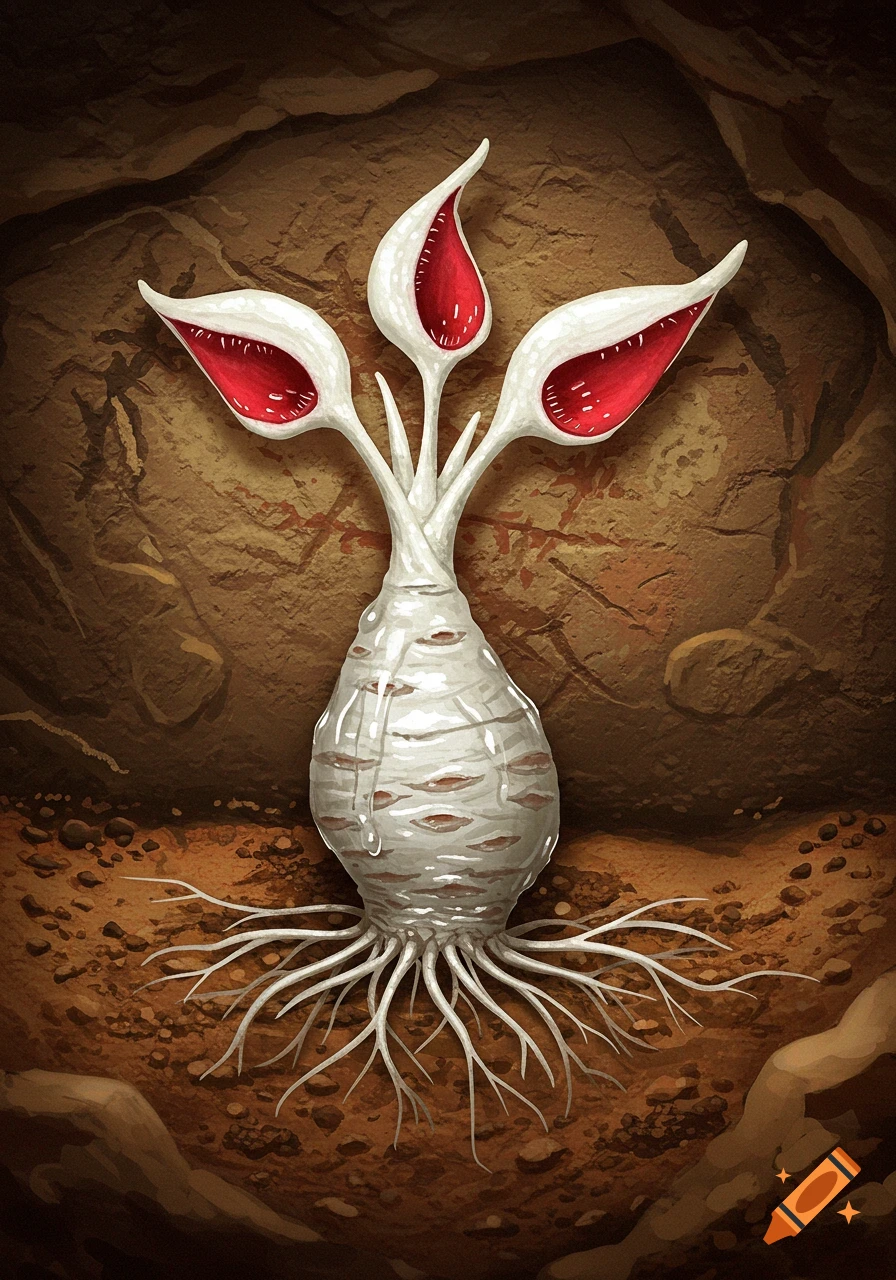 Fantasy plant with white yam-like body and red mouth-like bulbs, roots in cave ground, paleolithic art style.