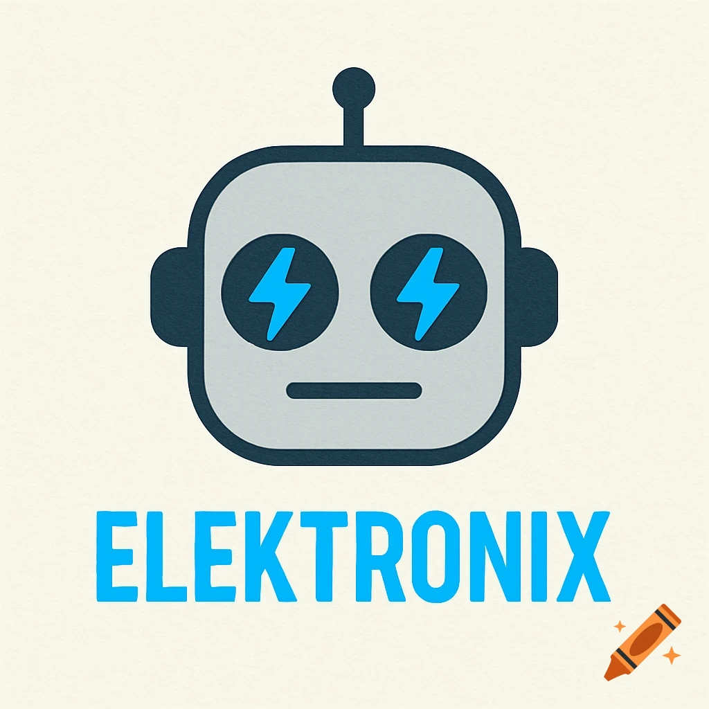 Simplistic gray robot head with blue lightning bolt eyes and the word 'ELEKTRONIX' in blue text below, on a light textured background.