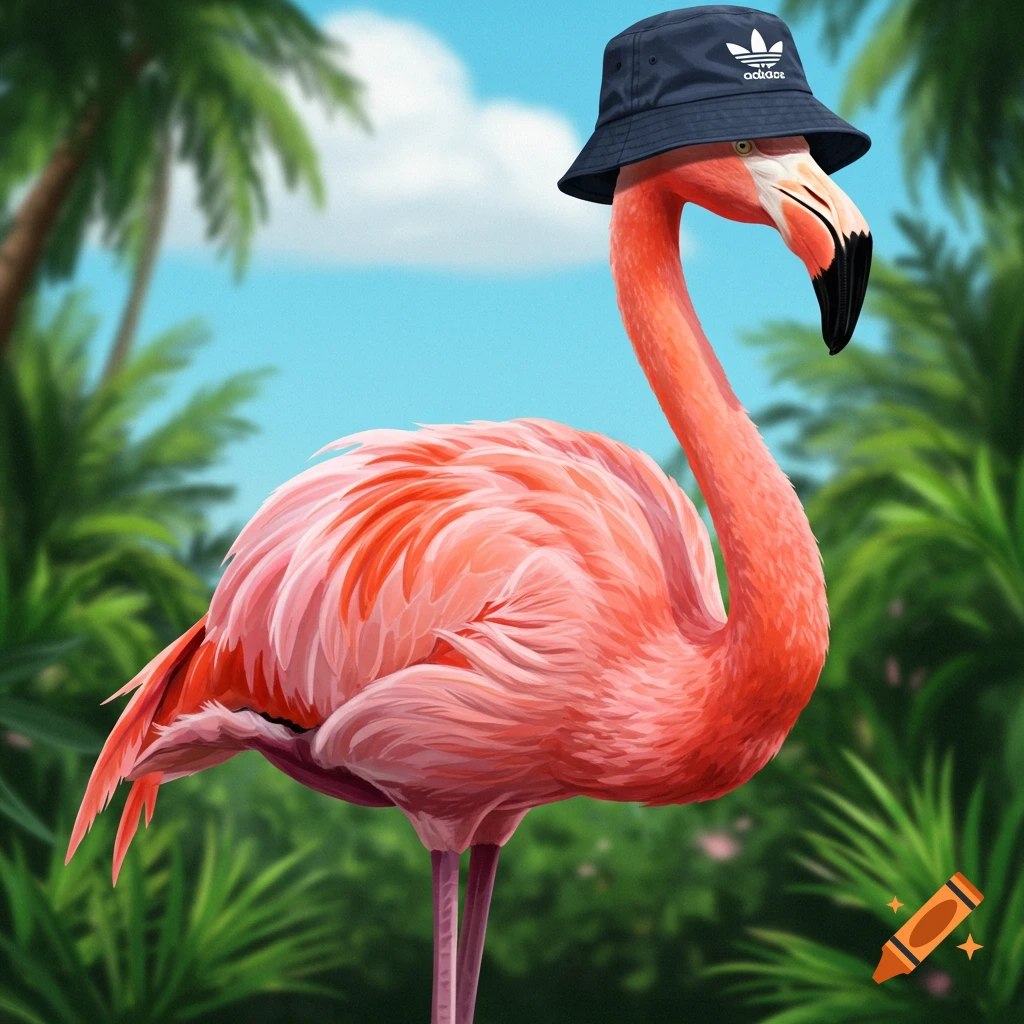A pink flamingo wearing a navy blue Adidas bucket hat stands in a lush tropical setting under a blue sky.