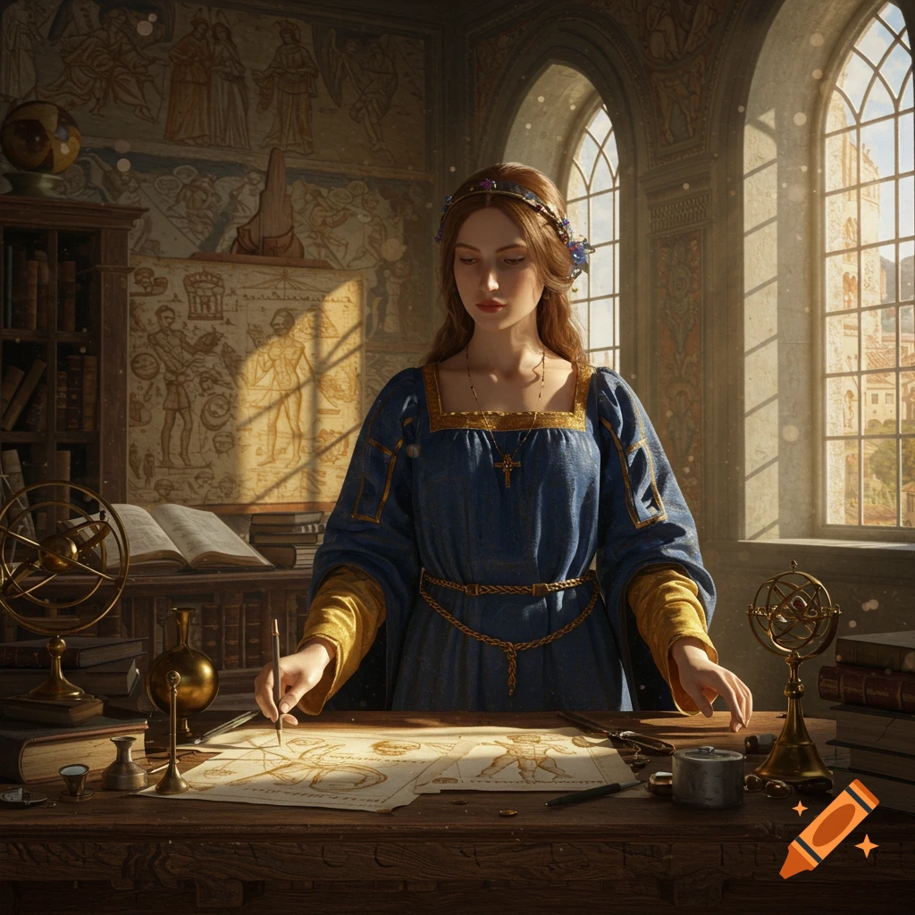 A woman in a blue and gold medieval dress draws detailed diagrams on parchment at a wooden desk in a sunlit room with arched windows and wall murals.