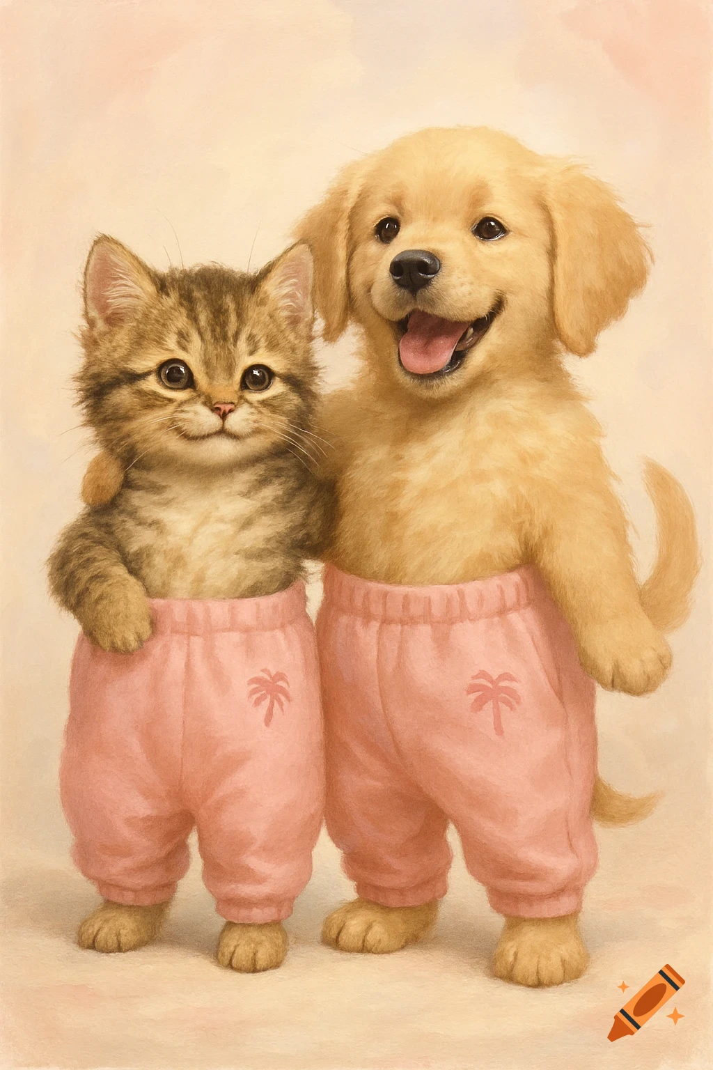 A cute tabby kitten and golden retriever puppy stand side by side in pink sweatpants with palm tree logos.
